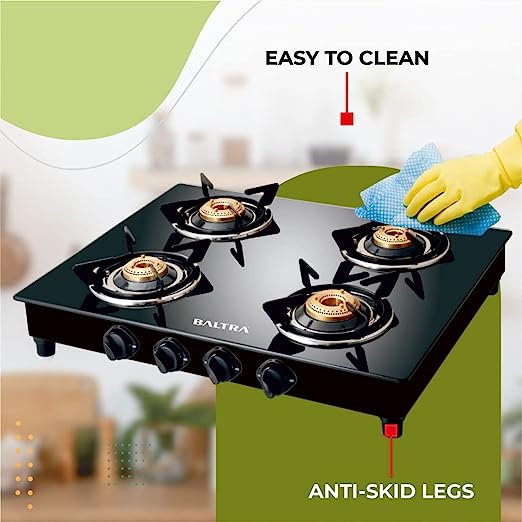 Baltra Glimmer Glass Top Gas Stove 4 Brass Burner Manual Ignition, Black (ISI Certified 2 year warranty with Doorstep Service) Baltra Glimmer Glass Top Gas Stove 4 Brass Burner Manual Ignition, Black (ISI Certified 2 year warranty with Doorstep Service)